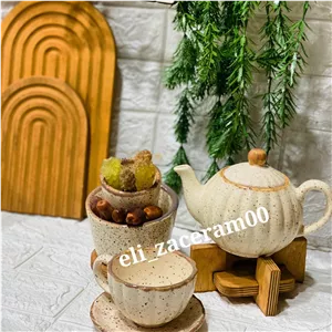 ست قوری و فنجان نعلبکی و جانباتی سرامیکی مدل رستیک 