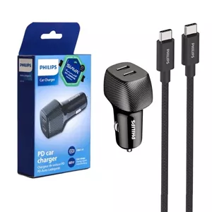 شارژر فندکی PD و فست دو پورت Philips مدل DLP5522CC 60W به همراه کابل شارژ Type-C To Type-C - مشکی (گارانتی دوساله سی آوا