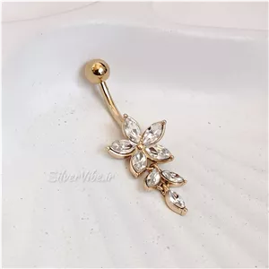 پیرسینگ ناف طرح گل و آویز متحرک برگ کریستالی درخشان با آبکاری طلا و جنس استیل ضد حساسیت