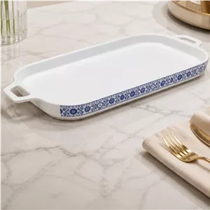 سینی سرامیکی مستطیل طرح گل آبی پذیرایی