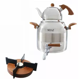 کتری قوری نزاز NEZAZ طرح ترک 5 لیتری دسته چوبی قوری استیل وارمر دار کف چدن کد 2608 (پس کرایه)