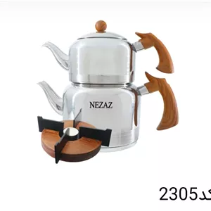 کتری قوری نزاز NEZAZ لوله دار 2.5 لیتری دسته چوب قوری استیل وارمر دار کف چدن کد 2305 (پس کرایه)