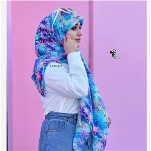 روسری نخی طرح بارلین قواره 140 زنانه آبی پاستیلی