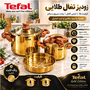 زودپز دوقلوی طلایی تفال 6.4 لیتری رنگ ثابت و استیل 10.18 ضد زنگ 