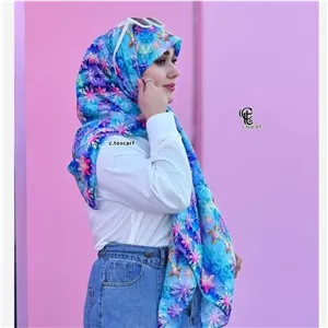 روسری نخی طرح بارلین قواره 140 زنانه آبی پاستیلی