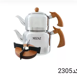 کتری قوری نزاز NEZAZ لوله دار 2.5 لیتری دسته چوب قوری استیل وارمر دار کف چدن کد 2305