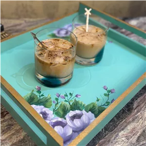 سینی دسته دار فیروزه ای با گل بنفش 