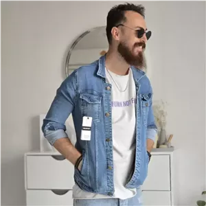 کت جین مردانه تمام کش ترک رنگ آبی روشن و آبی تیره فری سایز مناسب وزن 45 تا 60 کیلوگرم