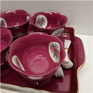  بستنی خوری لاکی گل سیبی ژاپن بهمراه سینی پذیرایی ،،،مناسب جهیزیه خوشرنگ و خاص13پارچه