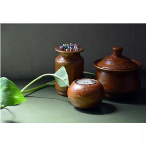 ست سفالی قندان و گلدان و جاشمعی 