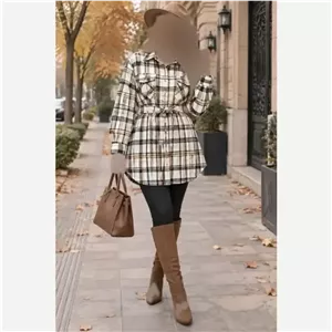 شکت پشمی کمربنددار ضخیم موهردار جیب دار