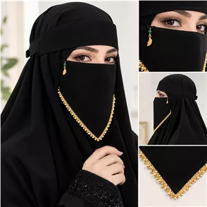 پوشیه نقاب مثلثی طرح مروارید منجوق طلایی((شامل هدیه))
