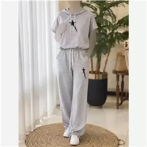 ست وست و شلوار ملانژ چهارفصل طرح ستاره ای فری سایز تا 44 طوسی روشن و تیره
