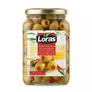 زیتون سبز با مغز فلفل لوراسLoras Green Olives Stuffed with Pepperوزن 900 گرم