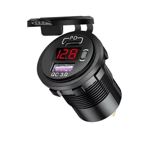 شارژر USB خودرویی روپنلی گرد قرمز QC3.0 + Type-C با نمایشگر ولتاژ و کلید ON OFF اقساطی