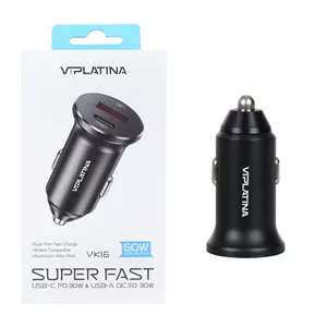 شارژر فندکی فست و PD دو پورت VIPLATINA مدل VK16 60W - مشکی (گارانتی 12 ماه تعویض نیکان همراه)