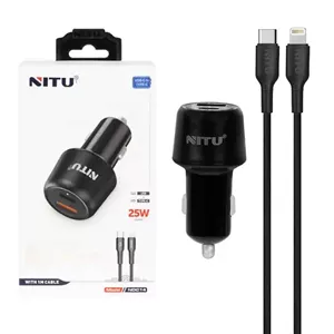 شارژر فندکی فست و PD دو پورت Nitu مدل NDC14 25W همراه با کابل Type-C To Lightning - مشکی