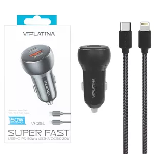 شارژر فندکی PD و فست دو پورت VIPLATINA مدل VK26L 50W به همراه کابل شارژ Type-C To Lightning - مشکی