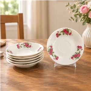 نعلبکی چینی وینچی مدل حاشیه گل سرخ بسته ی6 عددی ارسال رایگان