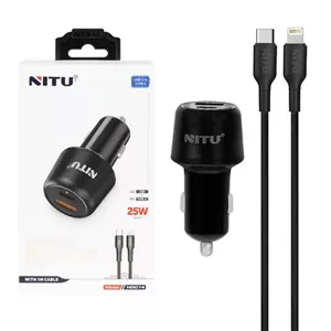 شارژر فندکی فست و PD دو پورت Nitu مدل NDC14 25W همراه با کابل Type-C To Lightning