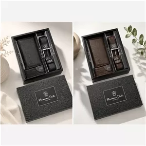 ست کادویی مردانه کیف پول جاکارتی و کمربند چرم صنعتی با جعبه هدیه