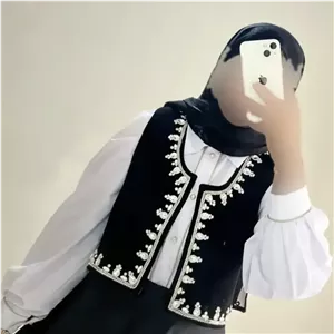 جلیقه جواهر دوزی زنانه مشکی کرپ کنزو قد 122 مناسب مهمانی سایز 38 تا 44