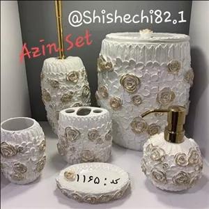 ست سرویس بهداشتی مدل سوفیا برند آذین ست - رنگ سفید با ترکیب طلایی - جنس رزین پسکرایه 