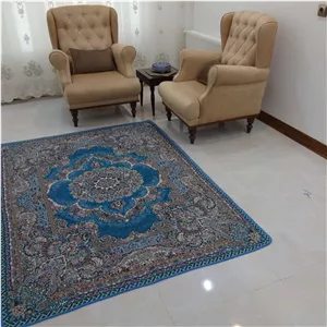 روفرشی 3 متری مخمل زرک دار ، براق و ضخیم طرح دیبا رنگ آبی فیروزه برند وکیل بافت (زرین) یزد کد گلنگار 005 - روفرشی 3متری