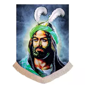 پرچم مخمل عمودی تمثال حضرت عباس ع همراه با دور دوزی و ریشه دوزی