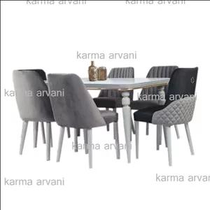 میز و صندلی ناهار خوری 6 نفره چوبی پیکاسو طوسی روشن و تیره  پشت صندلی لمسه داخل صندلی شیاری 155*90*77 برند صنعت چوب کارم