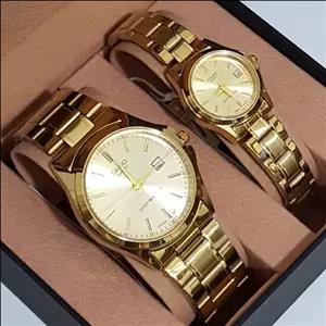 ست ساعت زنانه ومردانه کاسیو ،رنگ صفحه استخوانی و رنگ بدنه طلایی 