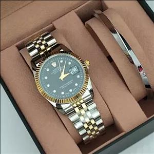 ساعت مچی مردانه رولکس،رنگ صفحه مشکی رنگ بدنه دورنگ ،سیلور طلایی به همراه بنگل پیچ مردانه،ست ساعت و دستبند مردانه