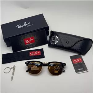 عینک آفتابی ریبن rayban کلاب مستر شیشه سنگ قهوه ای فریم طلایی rb 3016 به همراه پک کامل