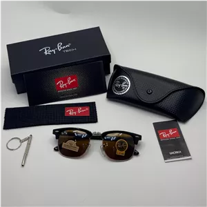 عینک آفتابی ریبن rayban کلاب مستر شیشه سنگ قهوه ای فریم نقره ای rb 3016 به همراه پک کامل