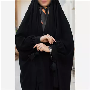چادر مشکی جده پاپیونی آویزدار . چادر پاپیون سنبادی . چادر جده مچ دار عبا عربی اصیل پاپیون جنس کرپ حریر اسود خرید قسطی 