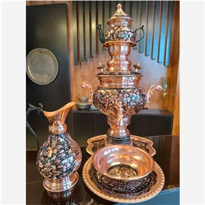 سماور مسی الماس نیم تراش حجم 4 لیتری ارتفاع 50 با قوری با کلیه سرویس 5 تیکه قوری،پارچ،سینی و.. در مس زنجان نمونه
