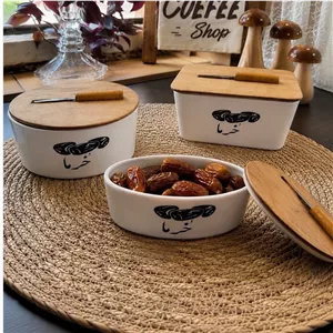خرماخوری سرامیکی در چوبی نوشته دار و چنگال دار مستطیل