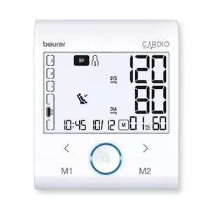 فشارسنج بازویی دیجیتال بیورر مدل BM96 با صفحه نمایش XL و نور پس‌زمینه سفید، تشخیص آریتمی پیشرفته، شاخص ریسک، حافظه دو کاربره هرکدام 60 رکورد، اتصال بلوتوث و USB، نمایش میانگین نتایج و هشدار باتری ضعیف