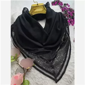 روسری مزونی مشکی طرح درختی حاشیه پولک و دانتل دوزی سایز 100 در 100