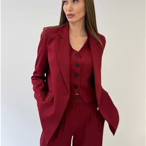 ست 3 تکه جلیقه زنانه جلیقه زنانه Palazzo شلوار Claret قرمز – ترکیب اداری و شیک