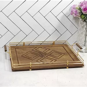 سینی مستطیل کف چوب و فلز طلایی نگین صنعت