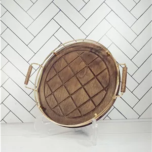 سینی گرد چوب و فلز طلایی نگین صنعت