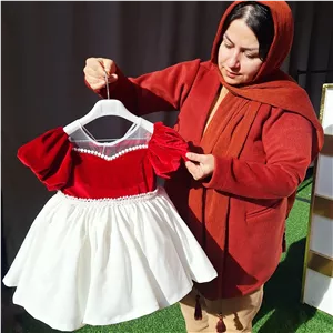 لباس مجلسی دخترانه پیراهن پف پفی پرنسسیبا ترکیب خاص سفید قرمز با مرواریددوزی