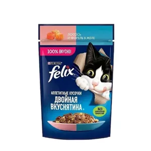 پوچ گربه بالغ فلیکس با طعم ماهی سالمون و قزل آلا در ژله وزن 75 گرم