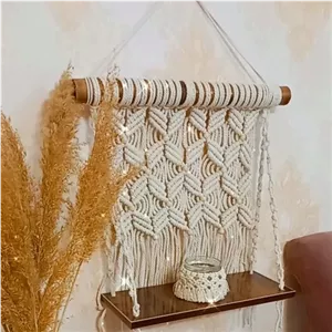 شلف یک طبقه ای مکرومه،به ابعاد40 در20،رنگ نخ شیری ورنگ چوب ام دی اف قهوه ای کامنا مدل 13113547