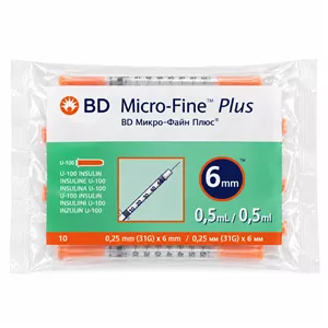 سرنگ انسولین بی دی BD Micro-Fine Plus حجم ۰.۵ میلی‌لیتر سوزن ۳۱G × ۶mm بسته ۱۰ عددی