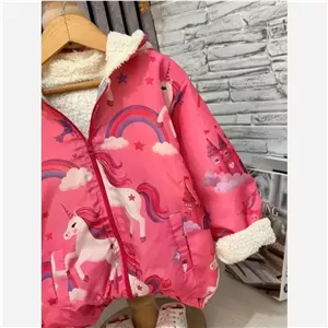 کاپشن دخترانه مموری ضد آب طرح تک شاخ داخل خز سرخابی 2 تا 7 سال